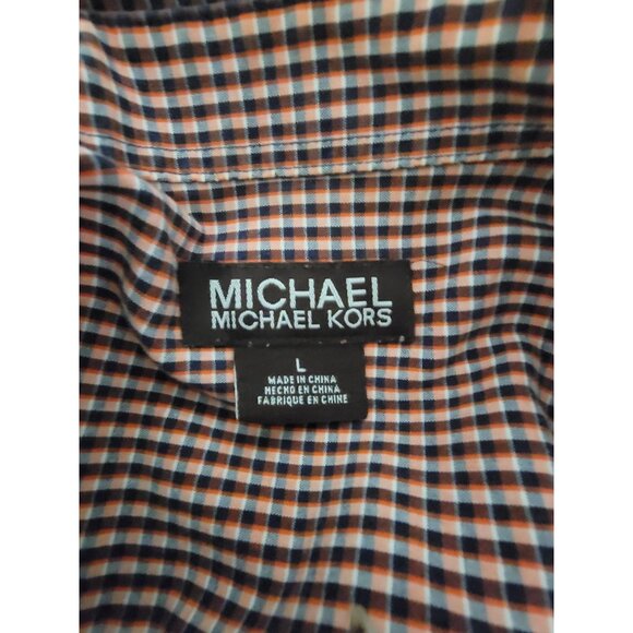 Michael Michael Kors Mens Long Sleeve Button-Down Shirt Orange & Navy Gingham - Picture 4 of 6